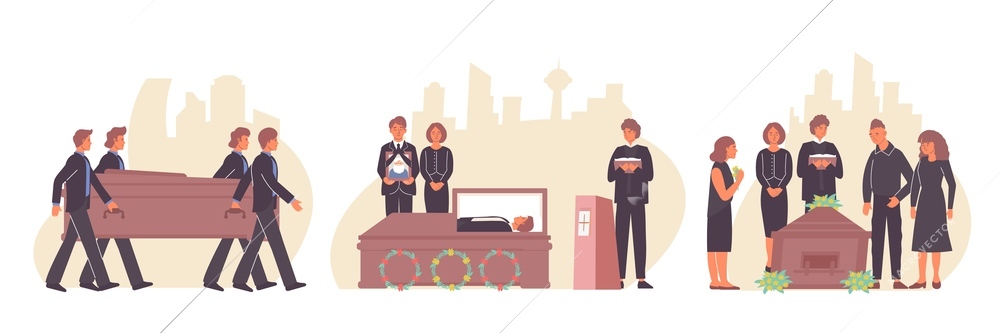 Funeral set of compositions with human characters of near and dear ones with pastor and wreath vector illustration