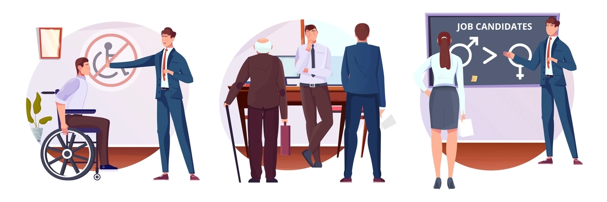 Discrimination of disabled elderly people and women at work flat composition set isolated vector illustration