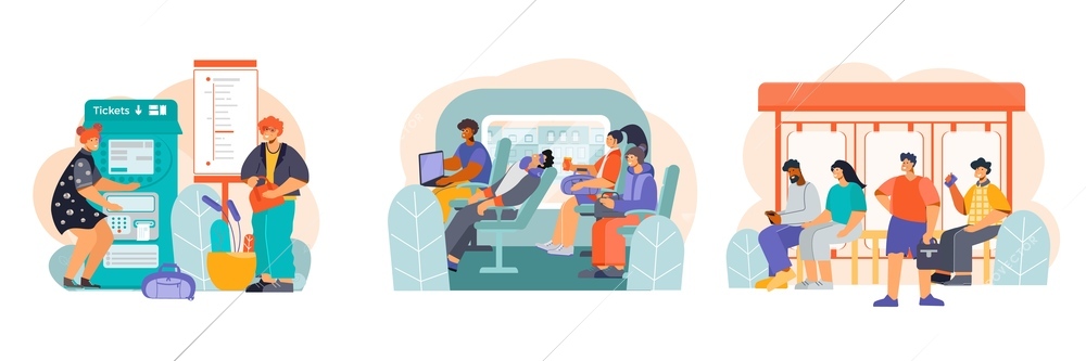 Public transport 3 flat compositions with tickets machines long distance bus interior tram waiting passengers vector illustration