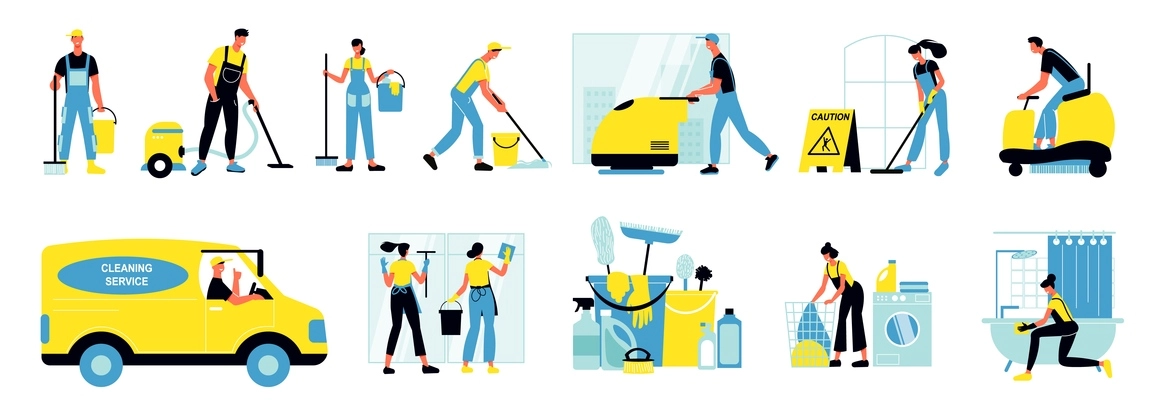 Cleaning service isolated icons set of people working with industrial vacuum cleaner and mini tractor for cleaning of pavement  flat vector illustration