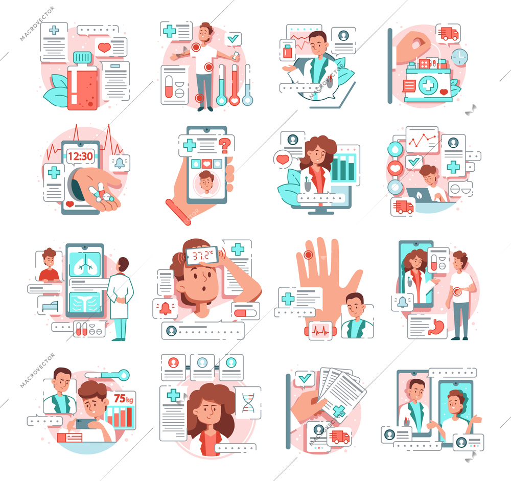 Telemedicine flat set patients have consultation with doctors online isolated vector illustration