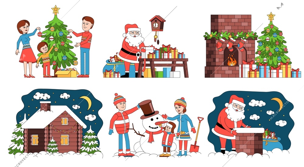 Set of six isolated christmas coloring compositions with human characters of kids parents santa with gifts vector illustration