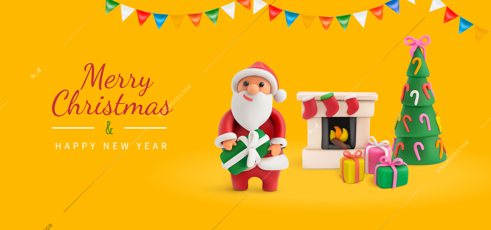 Merry christmas yellow greeting card with santa claus decorate christmas tree and gifts plasticine items and  happy new year text realistic vector illustration