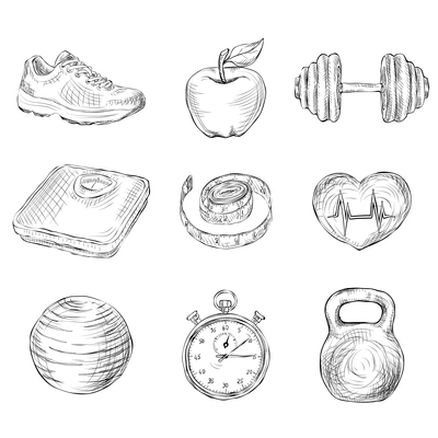 Fitness bodybuilding diet and healthcare sketch icons set isolated vector illustration