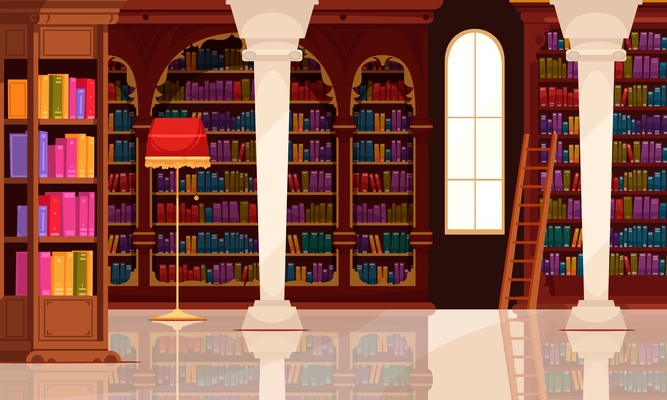 Old library book interior composition with indoor scenery of hall with book cabinets lamp and ladder vector illustration