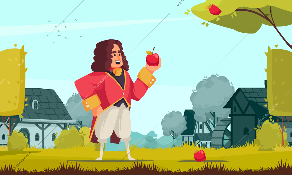 Famous scientist newton composition with outdoor scenery and doodle character in vintage outfit holding an apple vector illustration