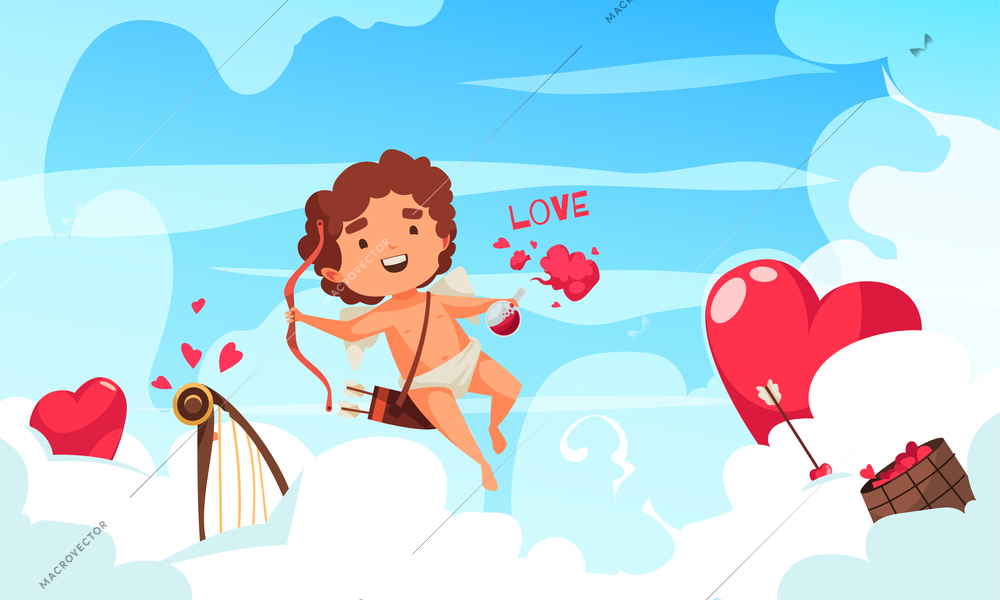 Amur cupid valentine day composition with character of amoretto flying among clouds red hearts and harp vector illustration