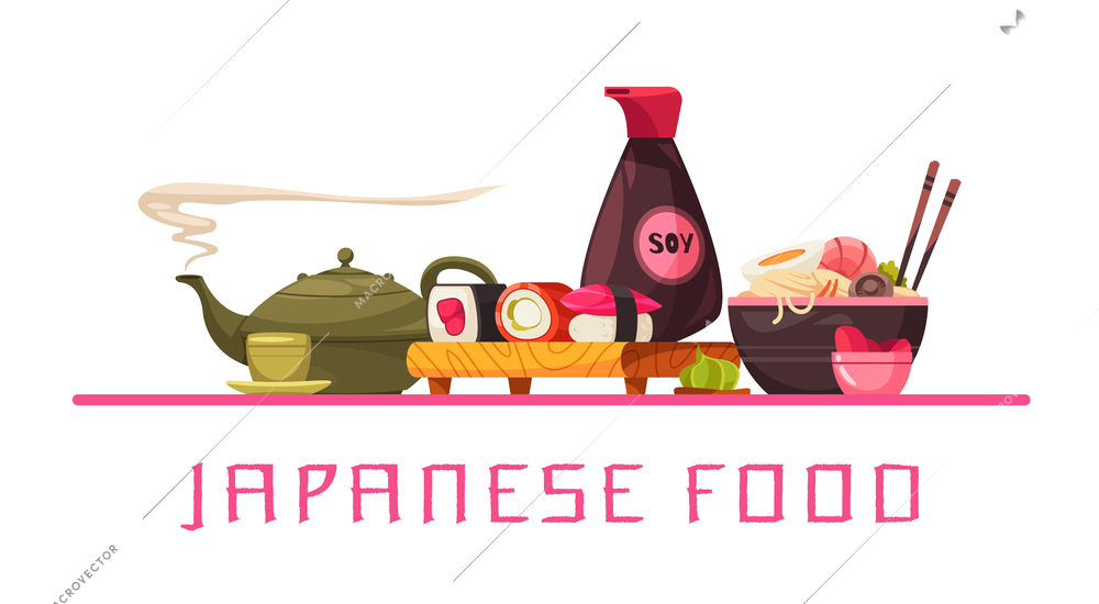 Japan cuisine composition with editable text and front view of served table with traditional japanese food vector illustration