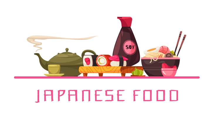 Japan cuisine composition with editable text and front view of served table with traditional japanese food vector illustration