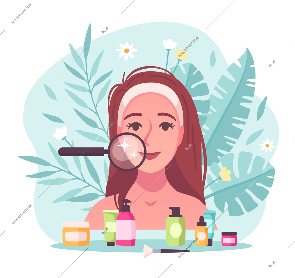 Skincare flat cartoon composition with young woman examining her face with magnifier closeup beauty products vector illustration