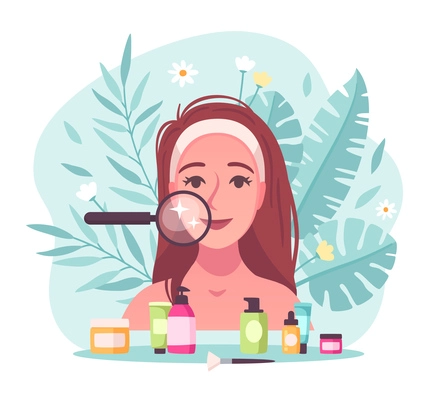 Skincare flat cartoon composition with young woman examining her face with magnifier closeup beauty products vector illustration