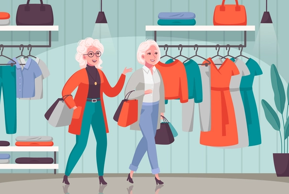 Elderly women enjoying shopping together cartoon composition with senior people choosing clothes in department store vector illustration