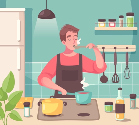 Cooking as hobby cartoon composition with man enjoying culinary experience tasting dishes in his kitchen vector illustration