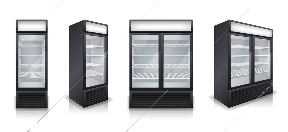 Commercial glass door drink fridges with one and two display sections realistic set isolated vector illustration