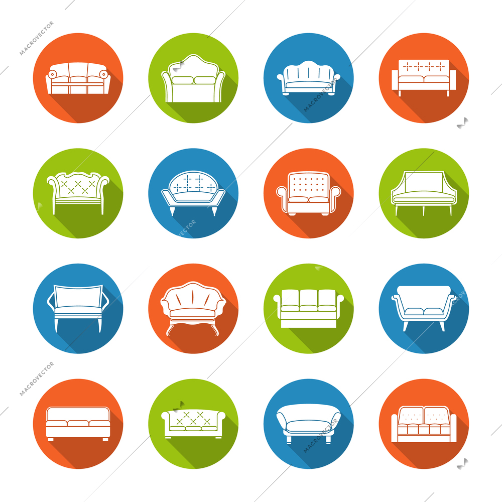 Sofa couches modern furniture room decoration icons flat set isolated vector illustration