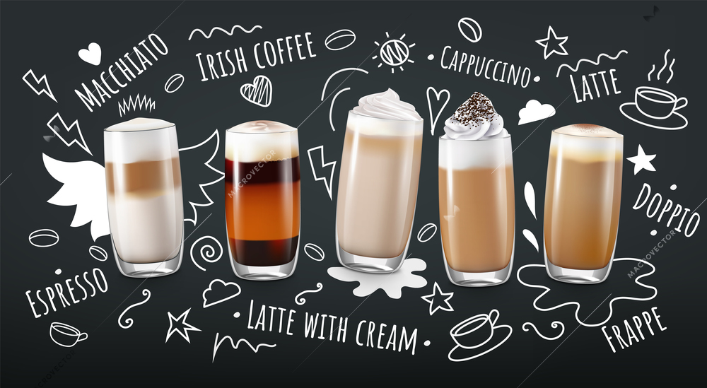 Coffee drinks realistic concept with latte frappe and espresso vector illustration