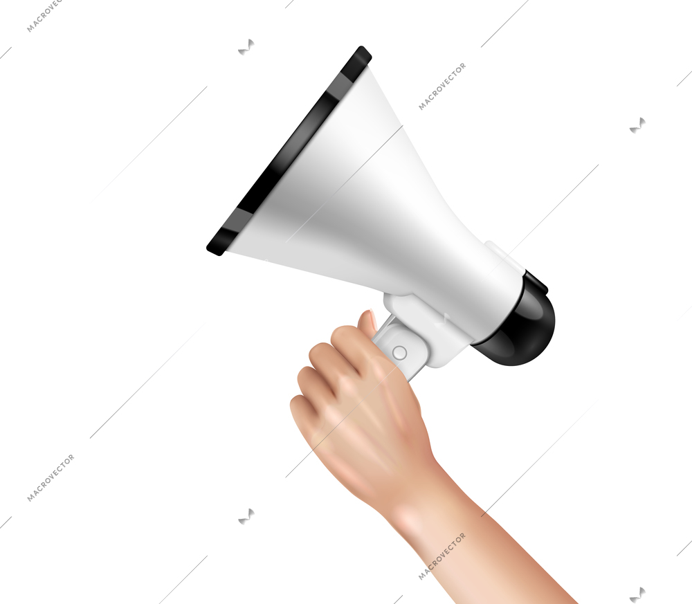 Loudspeaker and megaphone in hand concept with attention symbols realistic vector illustration