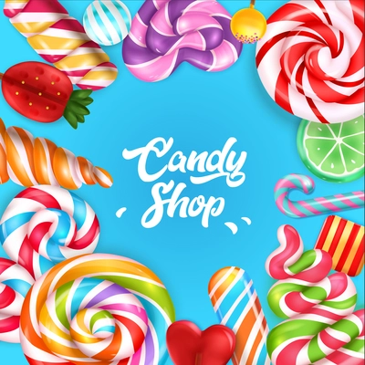 Candy shop blue background framed by colorful sweets and lollipops with striped swirls realistic vector illustration