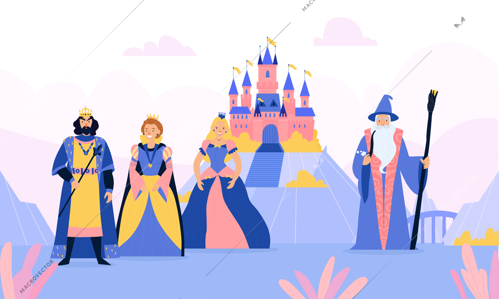 Fairy tale kingdom with cartoon characters of queen king princess colored background vector illustration