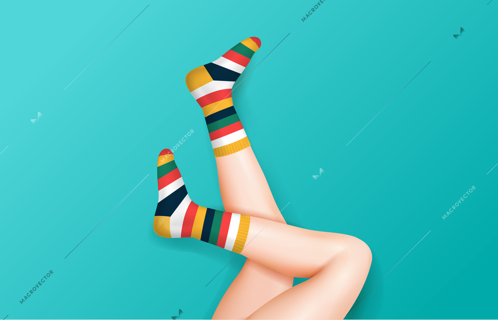 Sexy female legs in stripe socks raised up wearing on blue background realistic vector illustration