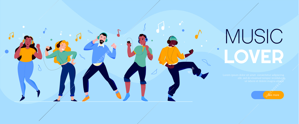 Music lover horizontal web banner illustrated dancing teens with  headphones listening music vector illustration