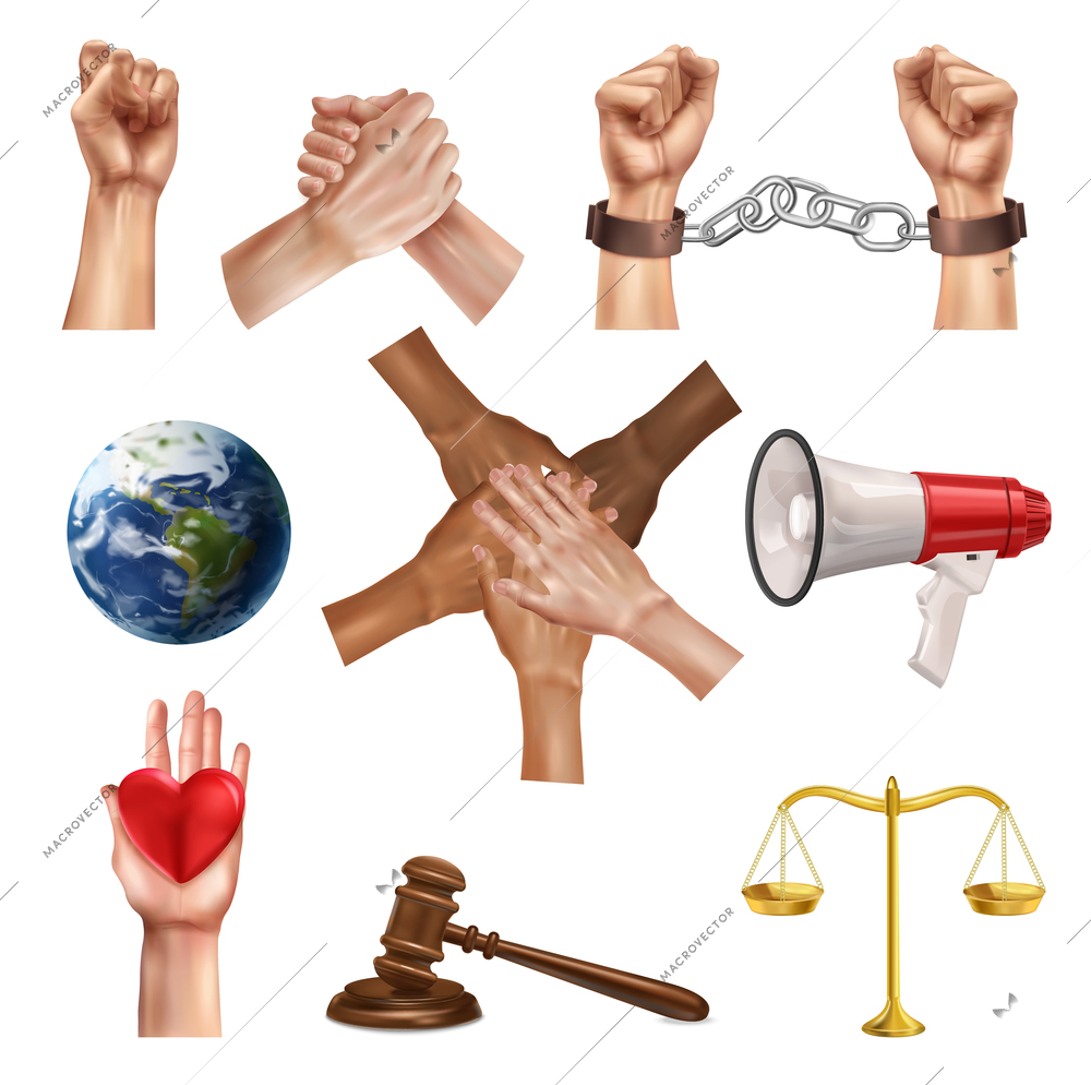 Social justice realistic set of handshake judge gavel scales fist raised in protest globe and megaphone isolated icons vector illustration