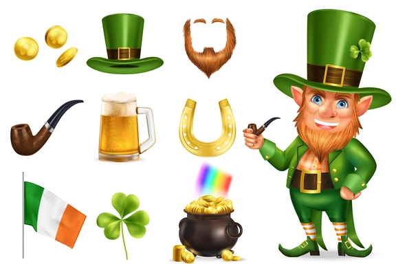 Saint patrick day realistic set of  leprechaun in green hat pot with treasures shamrock horseshoe irish flag icons isolated vector illustration