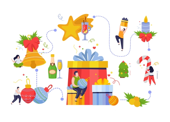 Merry christmas and happy new year composition with flowchart of isolated decoration icons people and gifts vector illustration