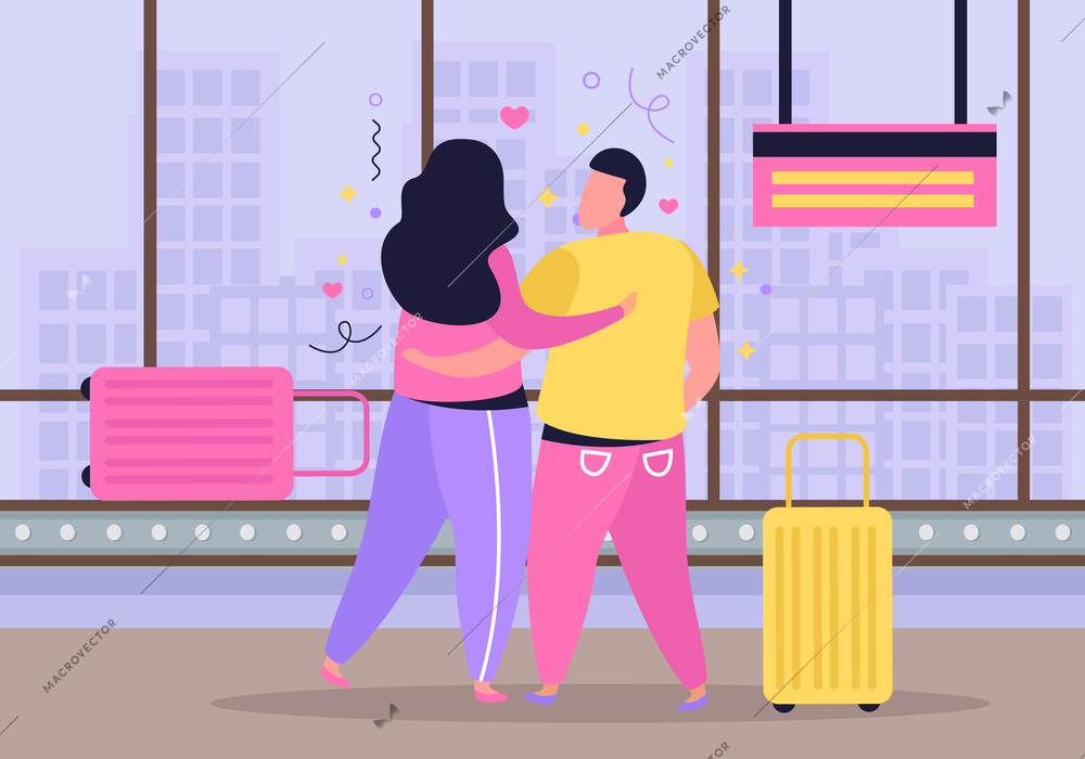 Hug day flat composition with indoor view of lovers encounter with cityscape suitcases and heart icons vector illustration