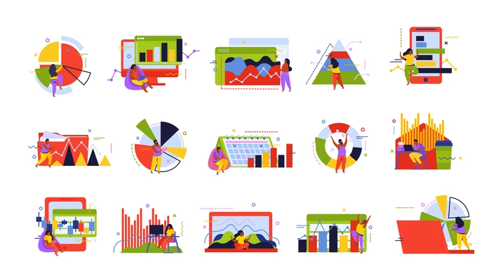 Data analysis set of flat recolor icons with circle and bar charts diagrams calendar and people vector illustration