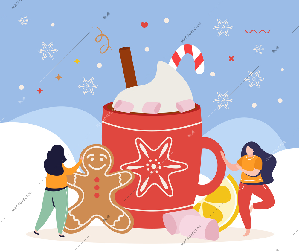 Happy winter flat composition with outdoor scenery and snowflakes with girls cookies and marshmallow in cup vector illustration