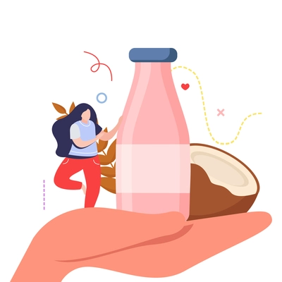 Vegan food background with composition of yoghurt and coconut images on human hand with female character vector illustration