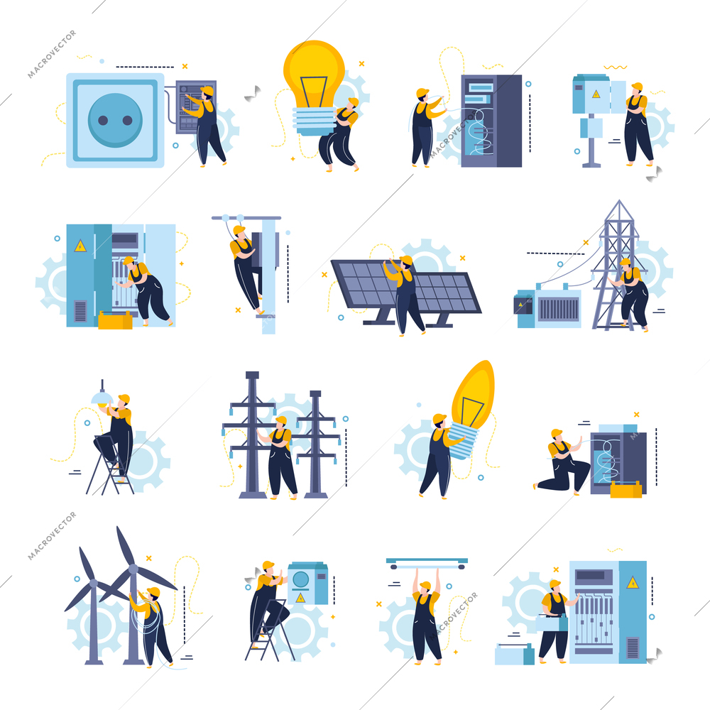 Electricity and lighting flat set of isolated icons with power lines sockets and characters of electricians vector illustration