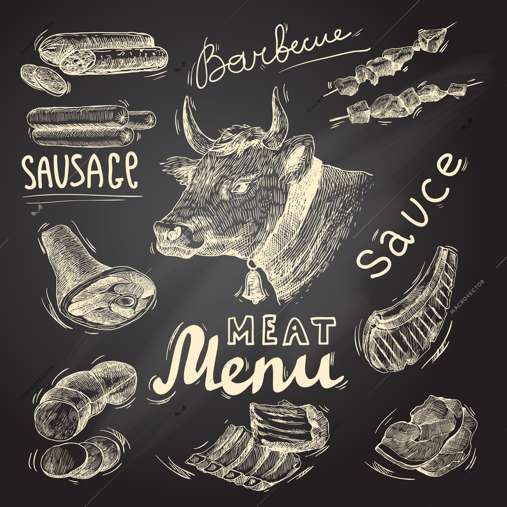 Meat food decorative icons set of barbecue menu chalkboard isolated vector illustration