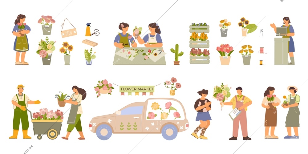 Floristry flat elements set with farm nursery flower arrangements bouquets delivery van seller gift customers vector illustration