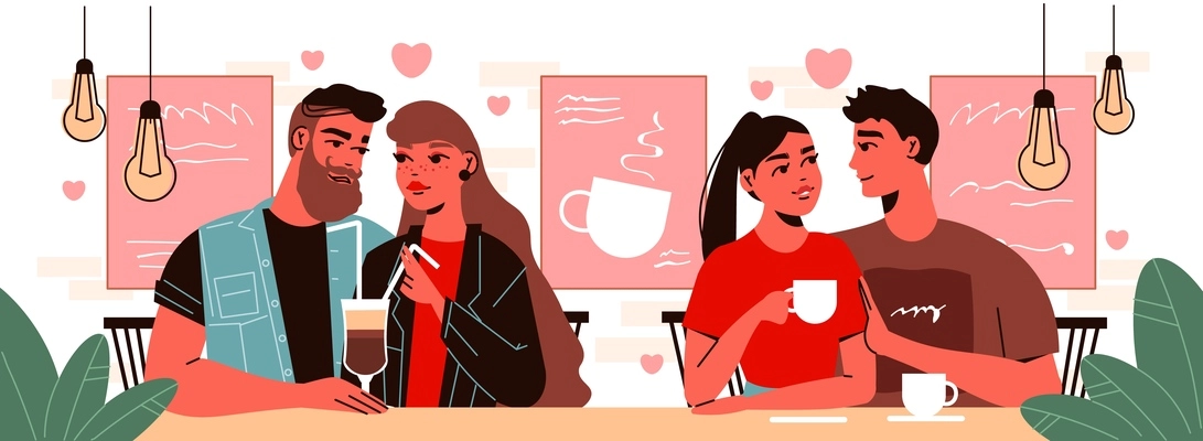 Valentine day love composition with human characters of two couples having date in cafeteria with drinks vector illustration