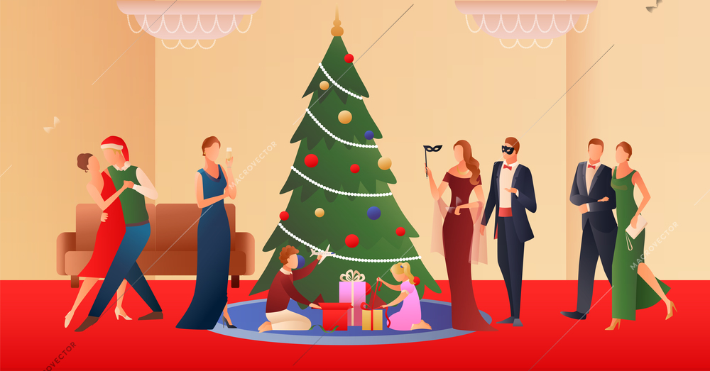 Christmas flat gradient background with adult pares dancing around decorated fir and children unpacking  gifts vector illustration