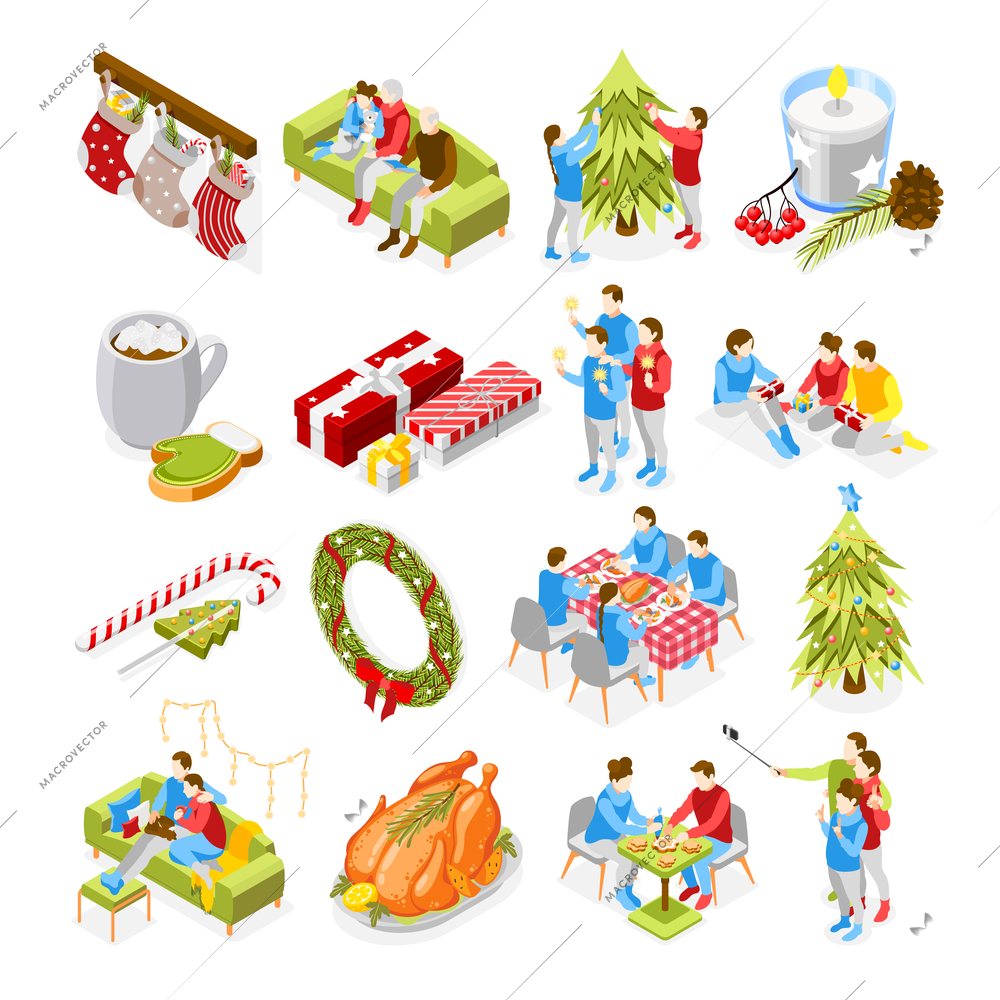 Christmas mood accessories menu isometric icons set with family decorating firtree wrapped presents roast turkey vector illustration