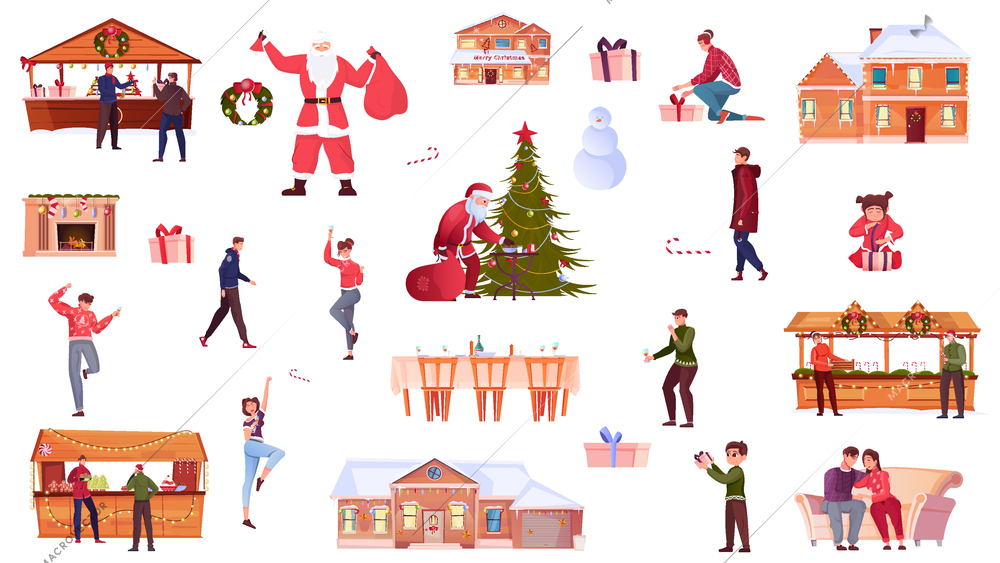 Christmas flat icons set of people holding glasses of champagne served table santa claus with bag of gifts decorate christmas tree isolated vector illustration