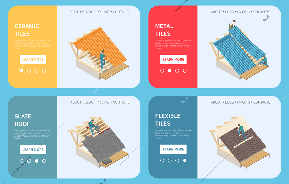 Roofing contractor buildings roof construction materials 4 isometric web banners with ceramic metal flexible tiles vector illustration