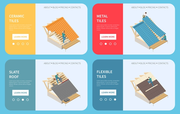 Roofing contractor buildings roof construction materials 4 isometric web banners with ceramic metal flexible tiles vector illustration