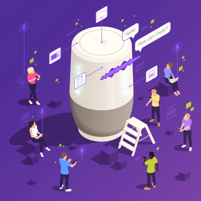 Users commands to voice assistant device speech clouds symbols isometric composition purple background vector illustration
