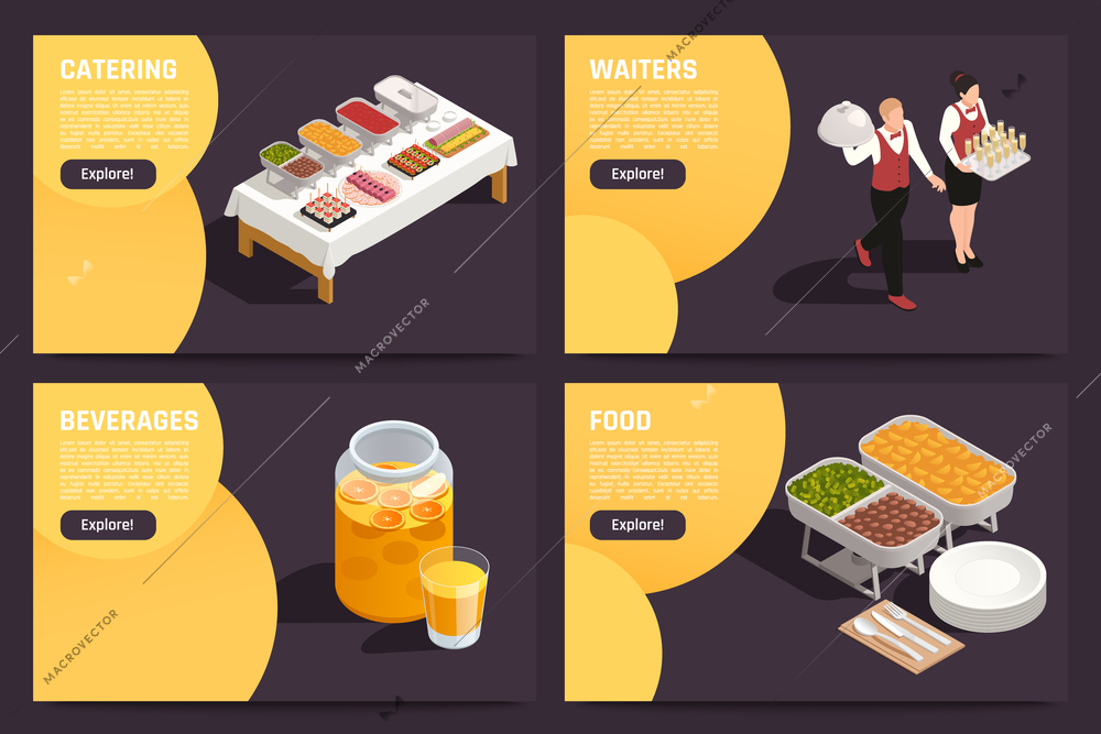 Cafe restaurants business center hall catering offer 4 isometric web pages food beverages waiters service vector illustration