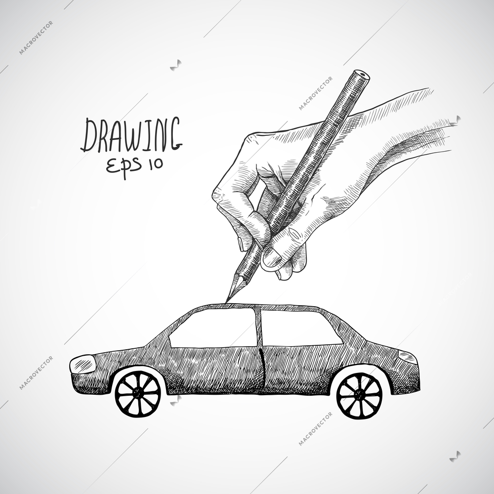 Hand drawing car with graphite pencil sketch isolated on white background vector illustration