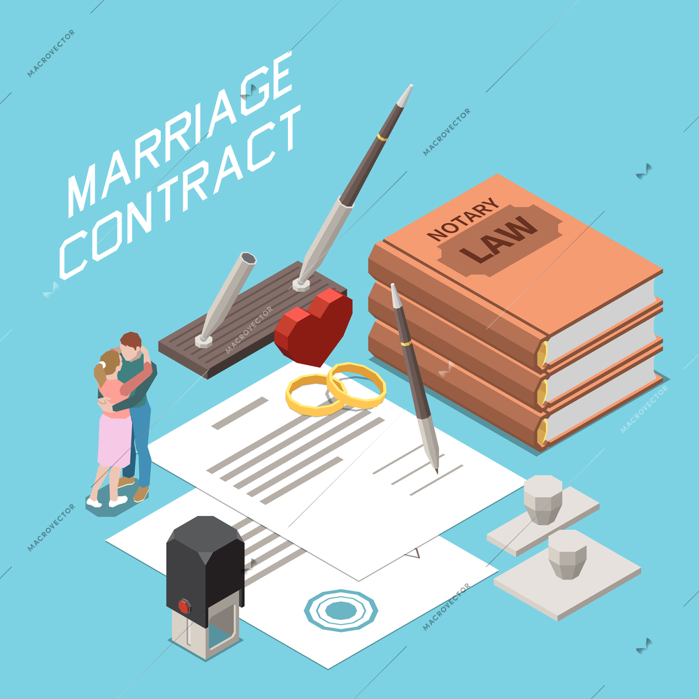 Marriage contract isometric background with hugging couple pair of wedding rings document certified by notary vector illustration