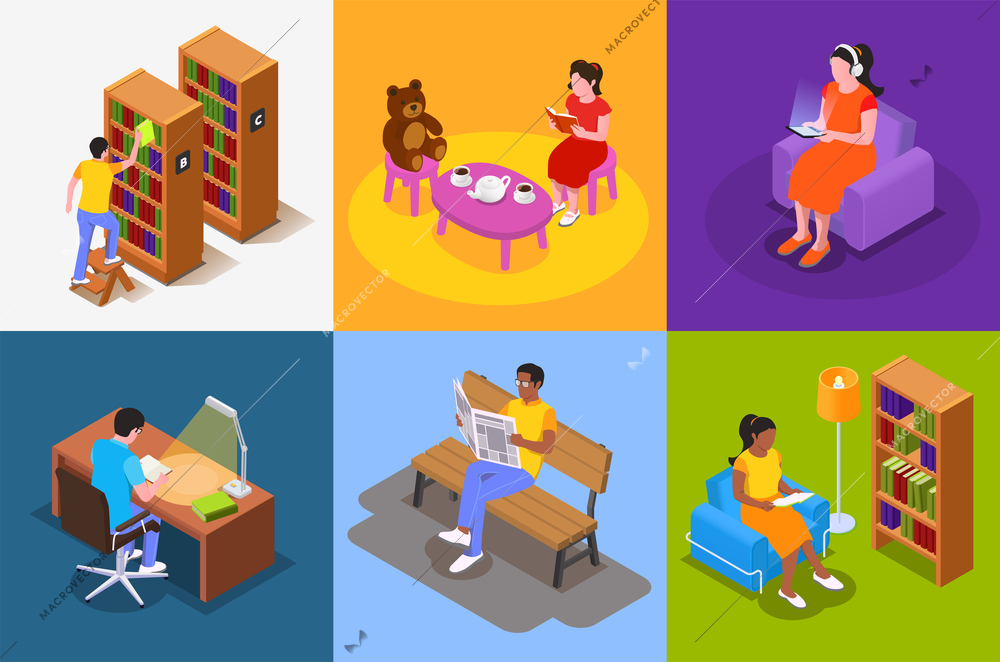 Reading isometric design concept with square compositions of library cases and sitting people choosing reading books vector illustration