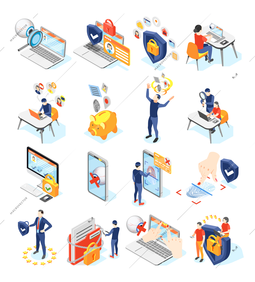 Personal data protection gdpr isometric recolor set of isolated icons and pictograms with gadgets and people vector illustration