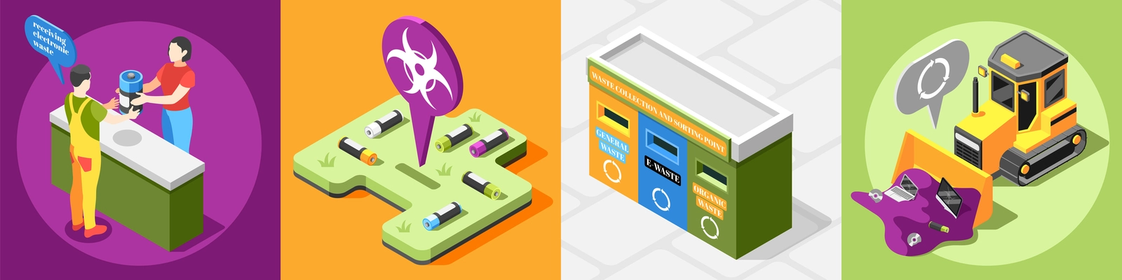 Electronic garbage isometric 4x1 design concept with square compositions of dead batteries drop off waste bins vector illustration