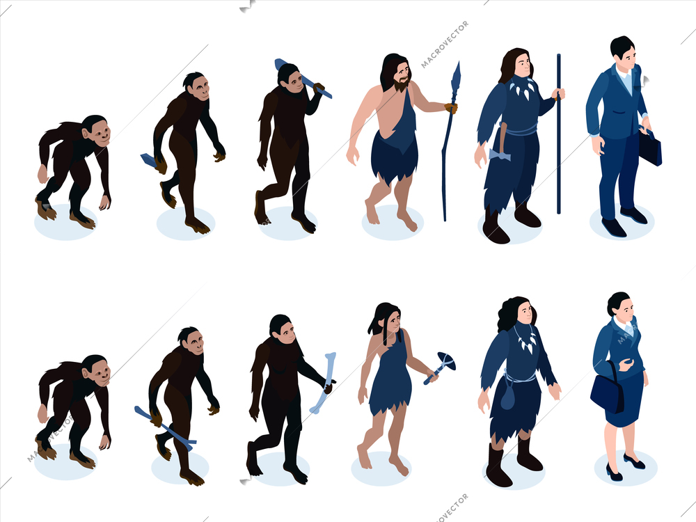 Isometric human evolution color set with characters of neanderthal men and women with instruments of labour vector illustration