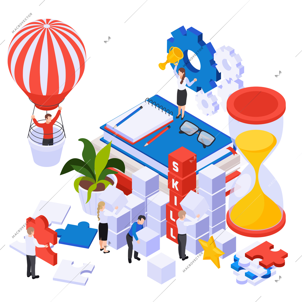 Personal development cogwheels gear teamwork collaboration hourglass hot air balloon puzzle pieces symbols isometric composition vector illustration